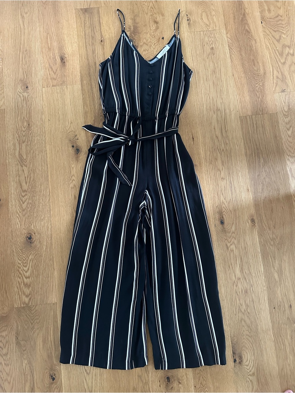 LOFT Navy and White Striped Midi Jumpsuit